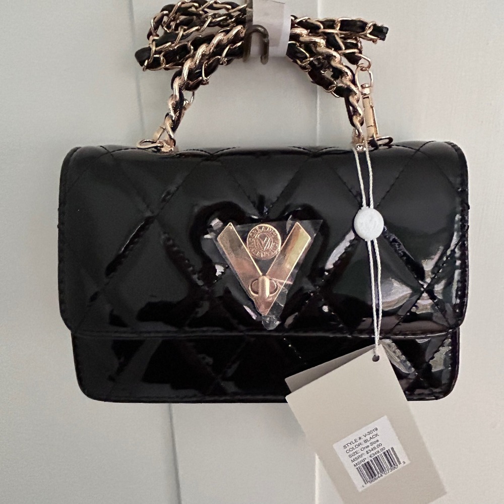 Designer Black Quilted Patent Leather Chain Strap Mini Top Handle Bag